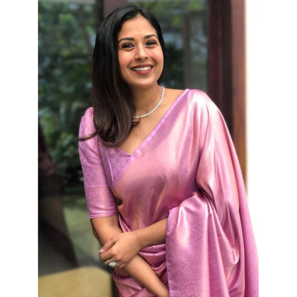 Generic Women's Silk Printed Saree With Unstitched Blouse 5.5Mtr (Pink)