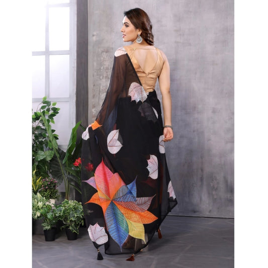 Generic Women's Small Lace Georgette Printed Ready-to-Wear Saree With Unstitched Blouse 5.5 Mtr (Black)