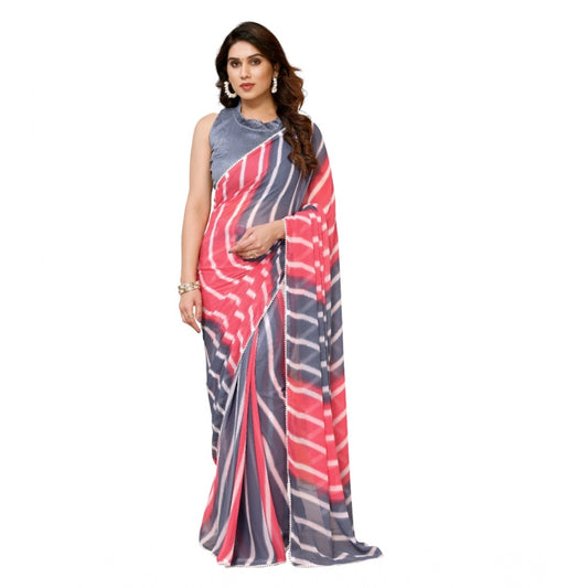 Generic Women's Small Lace Georgette Striped Ready-to-Wear Saree With Unstitched Blouse 5.5 Mtr (Pink)