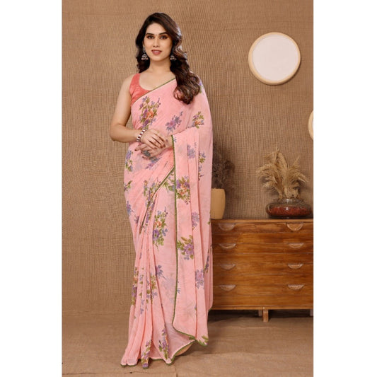 Generic Women's Small Lace Georgette Printed Ready-to-Wear Saree With Unstitched Blouse 5.5 Mtr (Peach)