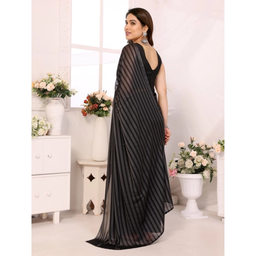 Generic Women's  Black Berry Striped Ready-to-Wear Saree With Unstitched Blouse 5.5 Mtr (Grey-Black)