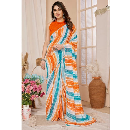 Generic Women's Small Lace Georgette Striped Ready-to-Wear Saree With Unstitched Blouse 5.5 Mtr (Multicolor)