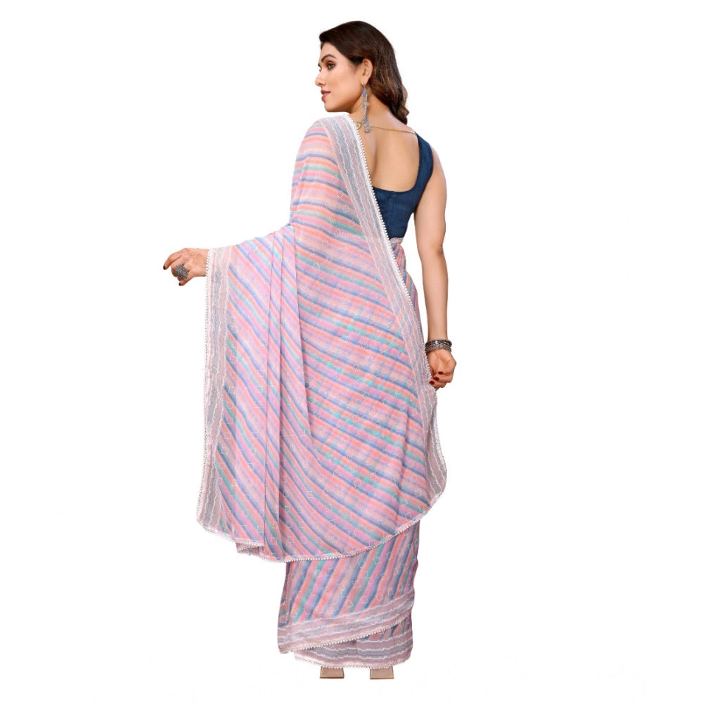 Generic Women's Small Lace Georgette Striped Ready-to-Wear Saree With Unstitched Blouse 5.5 Mtr (Purple)