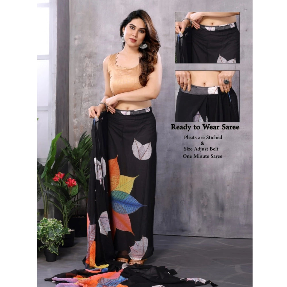 Generic Women's Small Lace Georgette Printed Ready-to-Wear Saree With Unstitched Blouse 5.5 Mtr (Black)