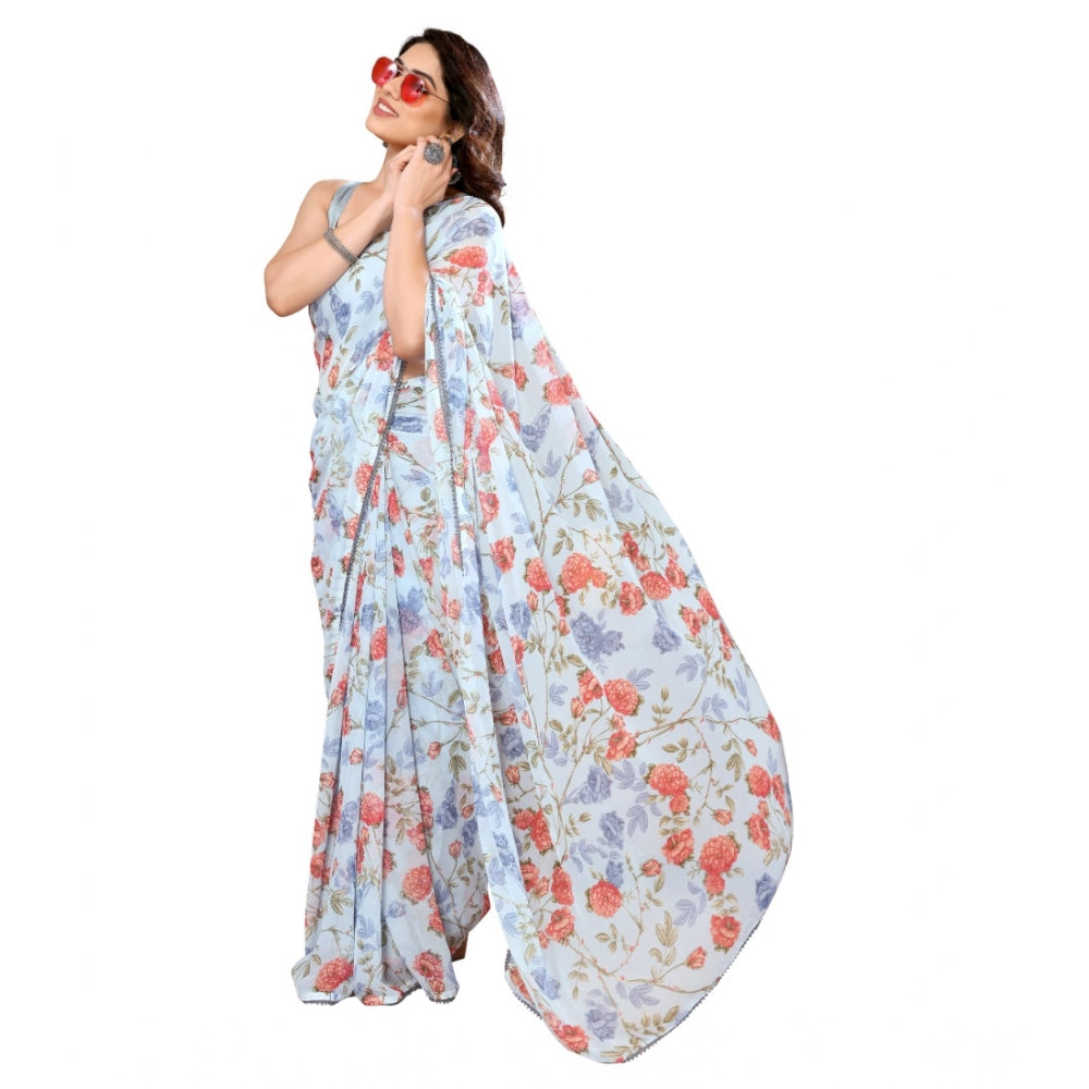 Generic Women's Small Lace Georgette Printed Ready-to-Wear Saree With Unstitched Blouse 5.5 Mtr (Sky Blue)