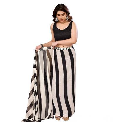 Generic Women's Small Lace Georgette Striped Ready-to-Wear Saree With Unstitched Blouse 5.5 Mtr (Black-White)
