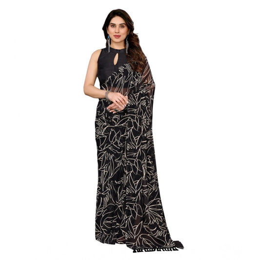 Generic Women's Zalar Lace Georgette Printed Ready-to-Wear Saree With Unstitched Blouse 5.5 Mtr (Black)