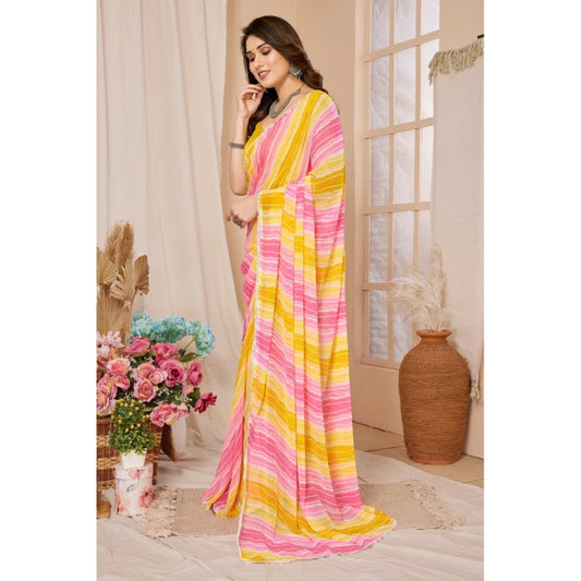 Generic Women's Small Lace Georgette Striped Ready-to-Wear Saree With Unstitched Blouse 5.5 Mtr (Yellow-Pink)