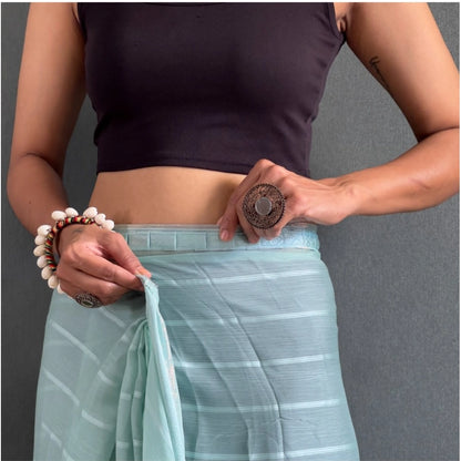 Generic Women's Chiffon Striped Ready to wear Saree With Unstitched Blouse 5.5 Mtr (Sky)