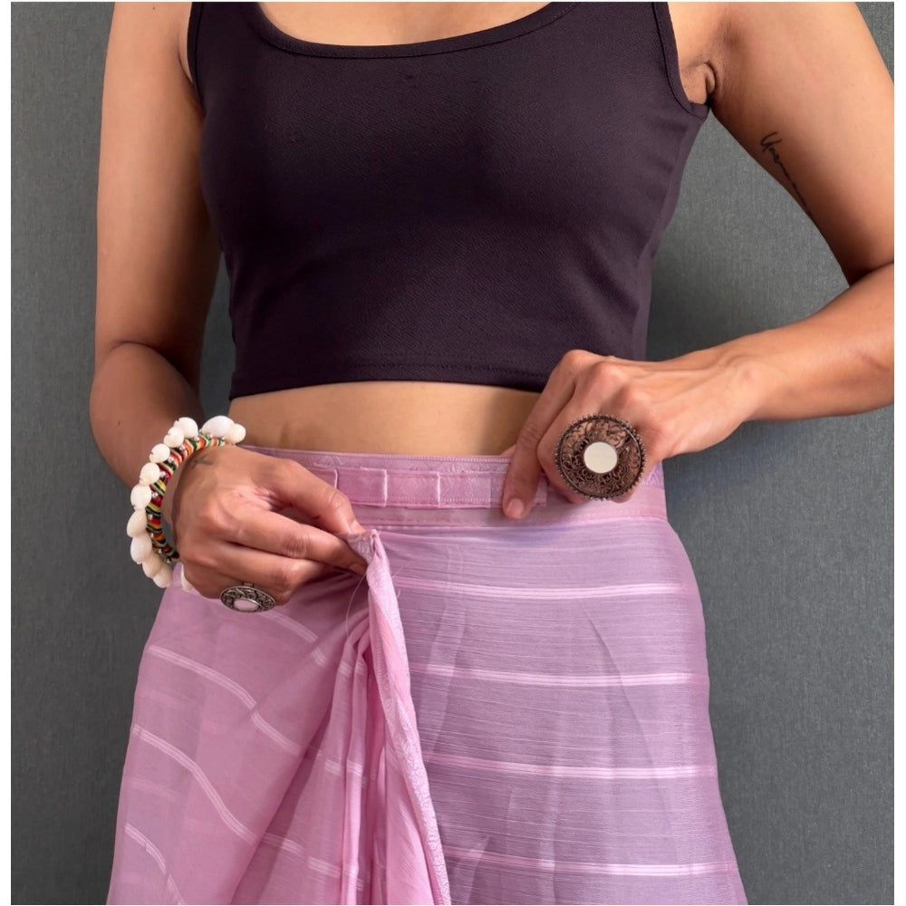 Generic Women's Chiffon Striped Ready to wear Saree With Unstitched Blouse 5.5 Mtr (Pink)