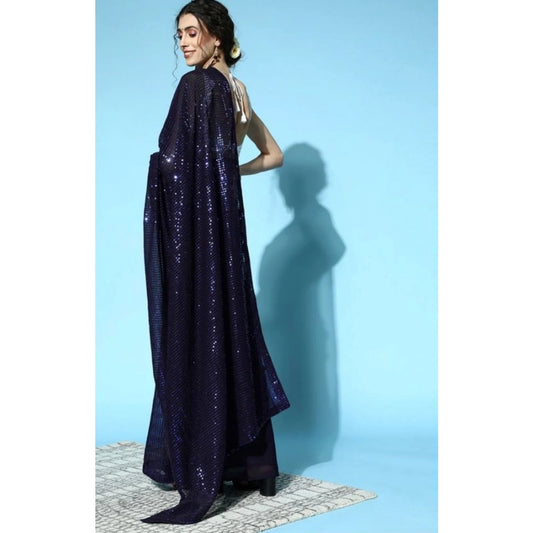 Generic Women's Georgette Embellished Sequnece Bollywood Saree With Unstitched Blouse 5.5Mtr (Blue)