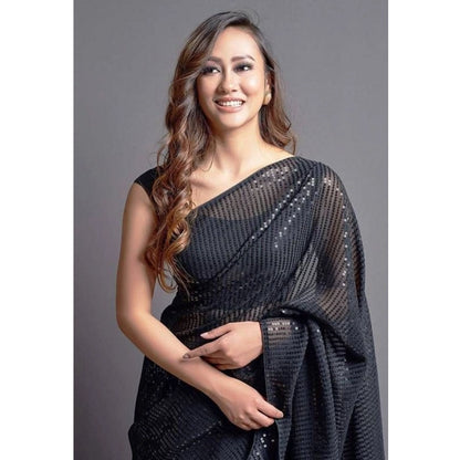 Generic Women's Georgette Embellished Sequnece Bollywood Saree With Unstitched Blouse 5.5Mtr (Black)