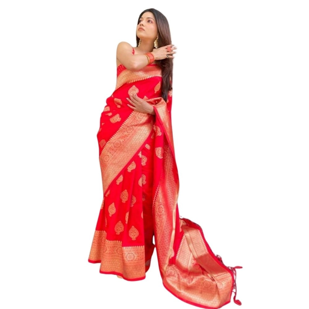 Generic Women's Silk Printed Saree With Unstitched Blouse 5.5Mtr (Red)