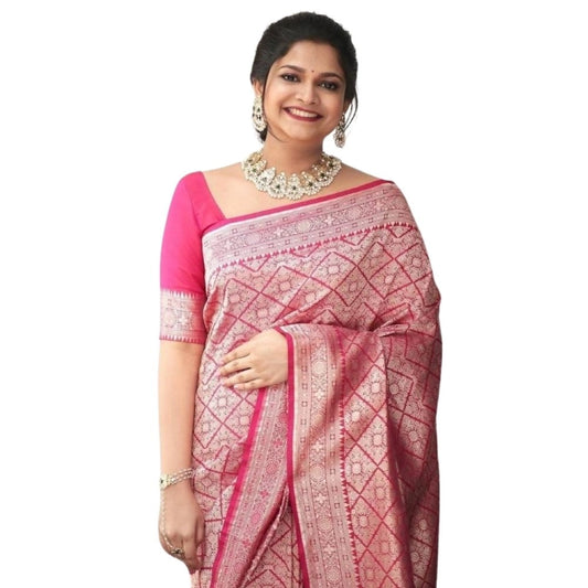 Generic Women's Silk Printed Saree With Unstitched Blouse 5.5Mtr (Pink)