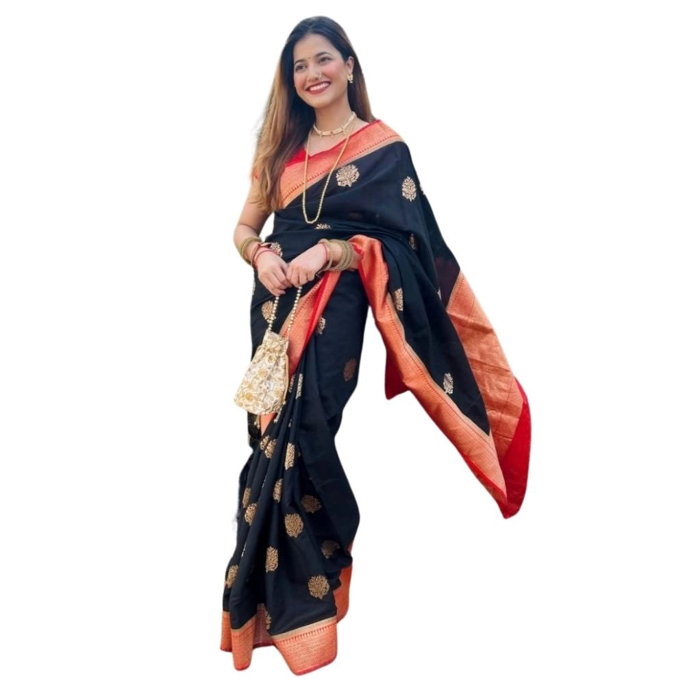 Generic Women's Silk Printed Saree With Unstitched Blouse 5.5Mtr (Black-Red)