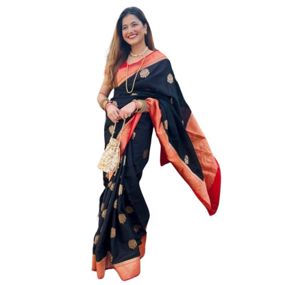 Generic Women's Silk Printed Saree With Unstitched Blouse 5.5Mtr (Black-Red)