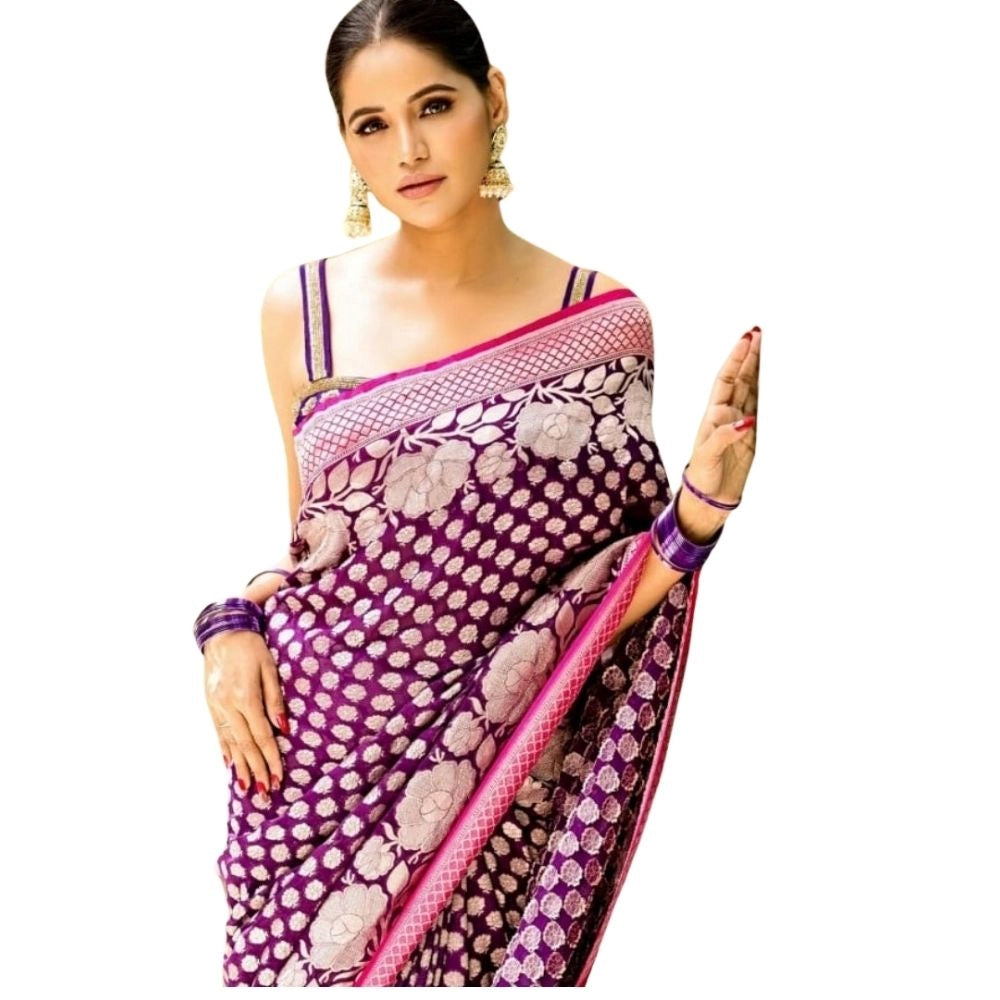 Generic Women's Silk Printed Saree With Unstitched Blouse 5.5Mtr (Purple)