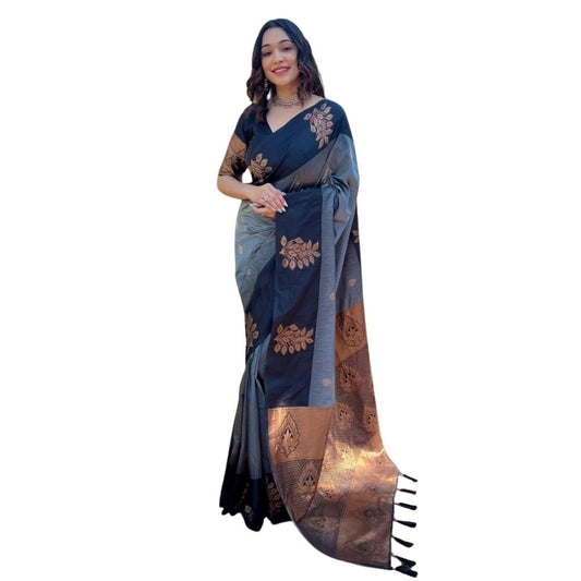 Generic Women's Silk Printed Saree With Unstitched Blouse 5.5Mtr (Grey)