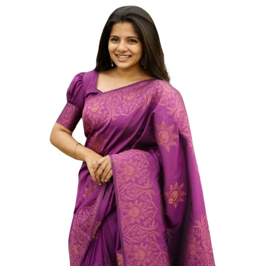 Generic Women's Silk Printed Saree With Unstitched Blouse 5.5Mtr (Purple)