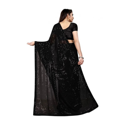 Generic Women's Georgette Embellished Sequnece Bollywood Saree With Unstitched Blouse 5.5Mtr (Black)