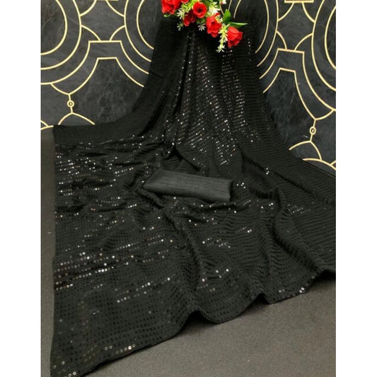 Generic Women's Georgette Embellished Sequnece Bollywood Saree With Unstitched Blouse 5.5Mtr (Black)