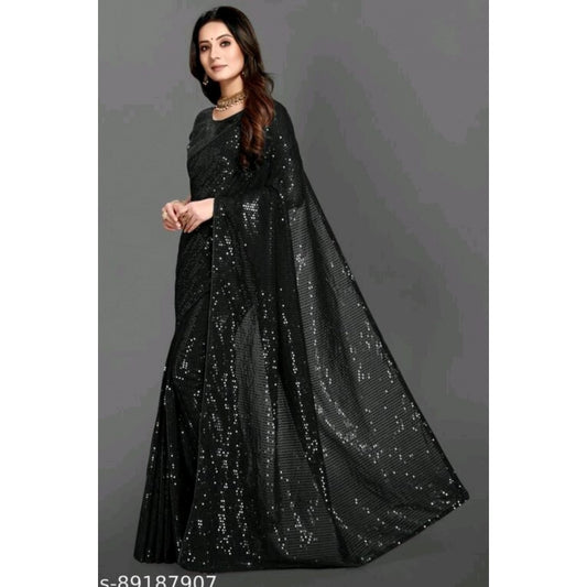 Generic Women's Georgette Embellished Sequnece Bollywood Saree With Unstitched Blouse 5.5Mtr (Black)