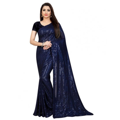 Generic Women's Georgette Embellished Sequnece Bollywood Saree With Unstitched Blouse 5.5Mtr (Blue)