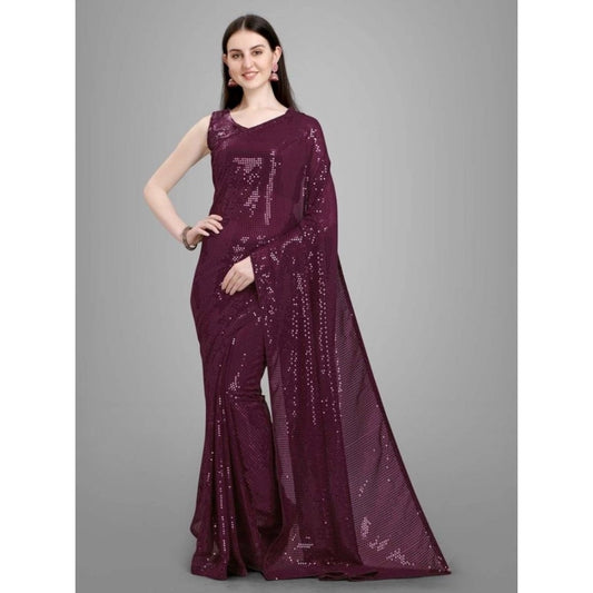 Generic Women's Georgette Embellished Sequnece Bollywood Saree With Unstitched Blouse 5.5Mtr (Purple)