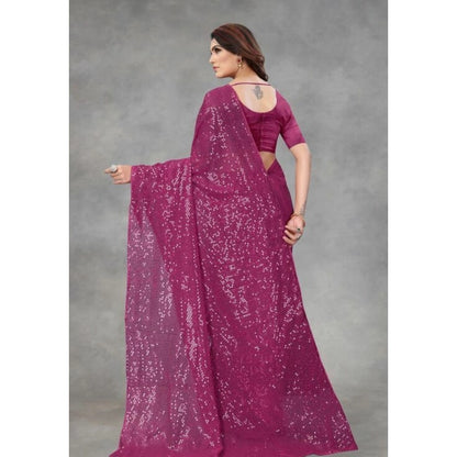 Generic Women's Georgette Embellished Sequnece Bollywood Saree With Unstitched Blouse 5.5Mtr (Purple)