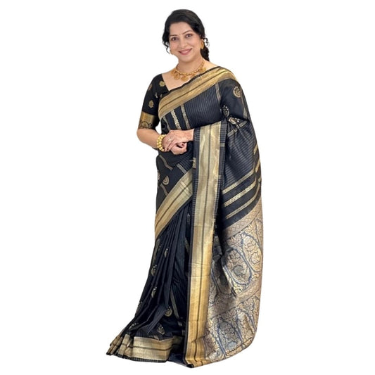 Generic Women's Silk Printed Saree With Unstitched Blouse 5.5Mtr (Black)