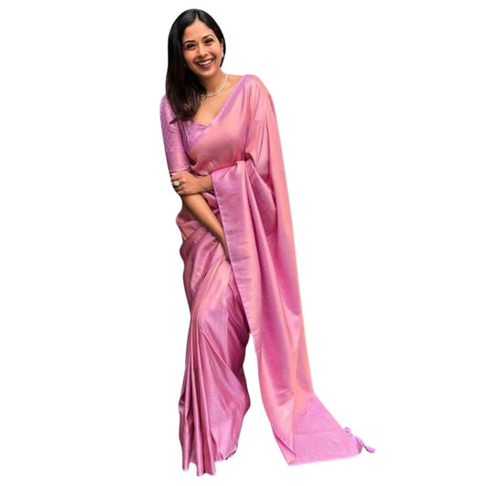 Generic Women's Silk Printed Saree With Unstitched Blouse 5.5Mtr (Pink)