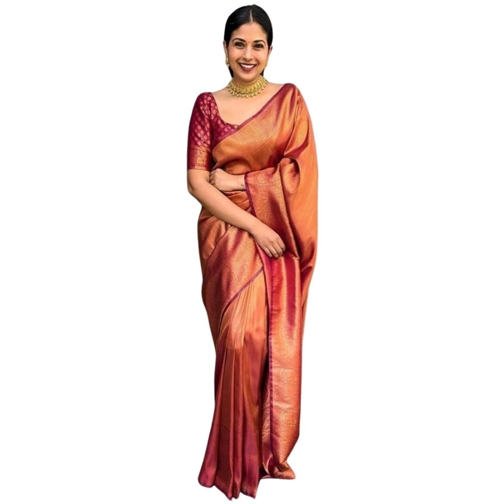 Generic Women's Silk Printed Saree With Unstitched Blouse 5.5Mtr (Maroon)