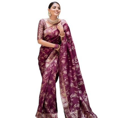 Generic Women's Silk Printed Saree With Unstitched Blouse 5.5Mtr (Wine)