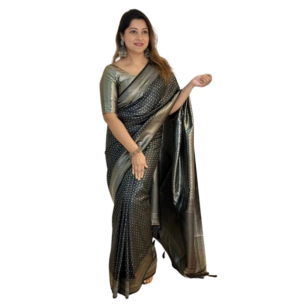 Generic Women's Silk Printed Saree With Unstitched Blouse 5.5Mtr (Black)