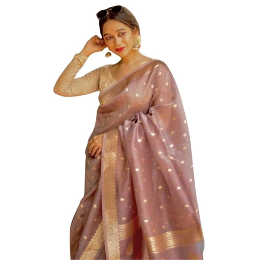 Generic Women's Cotton  Printed Saree With Unstitched Blouse 5.5Mtr (Rose Gold)