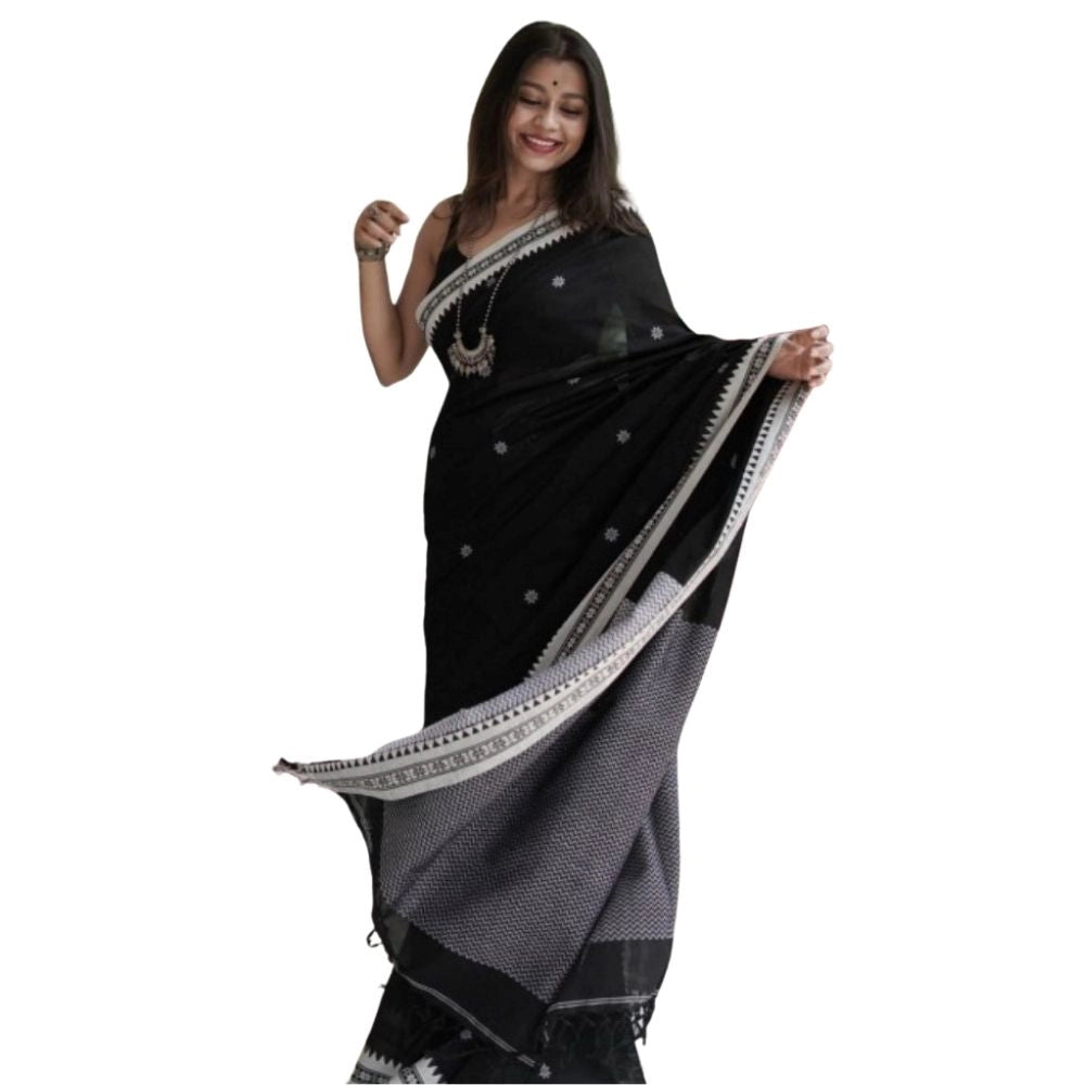 Generic Women's Cotton  Printed Saree With Unstitched Blouse 5.5Mtr (Black)