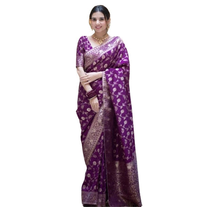 Generic Women's Silk Printed Saree With Unstitched Blouse 5.5Mtr (Purple)