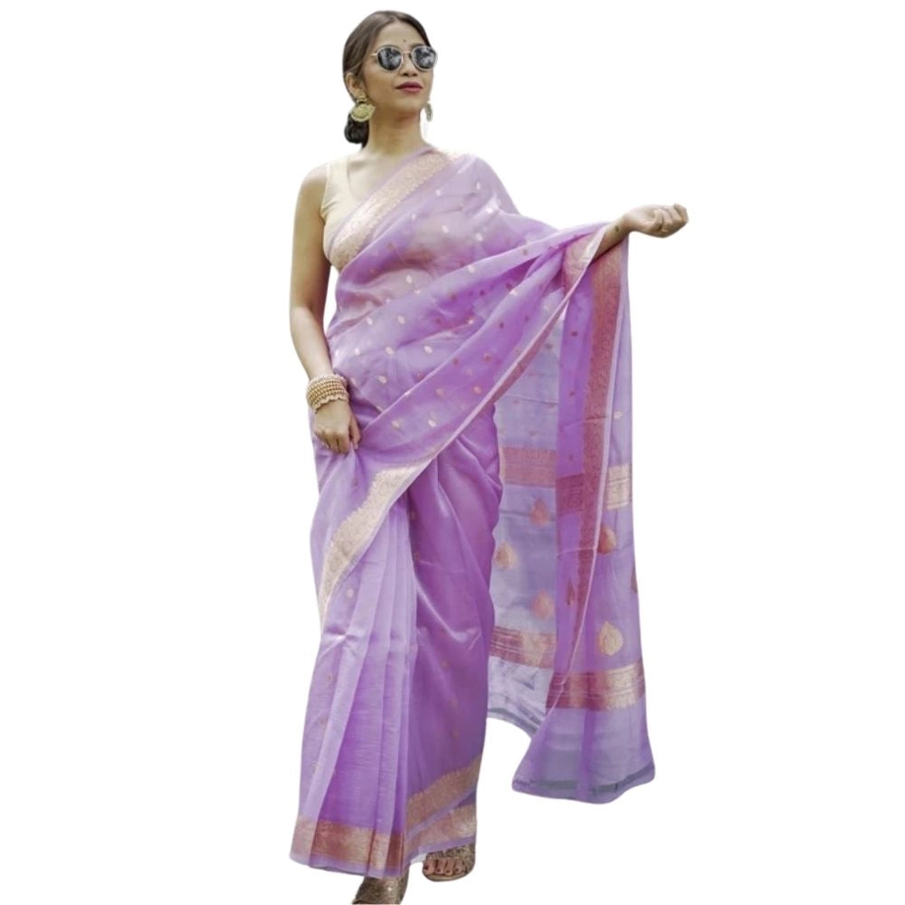 Generic Women's Cotton  Printed Saree With Unstitched Blouse 5.5Mtr (Lavender)