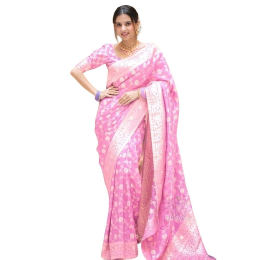 Generic Women's Silk Printed Saree With Unstitched Blouse 5.5Mtr (Pink)