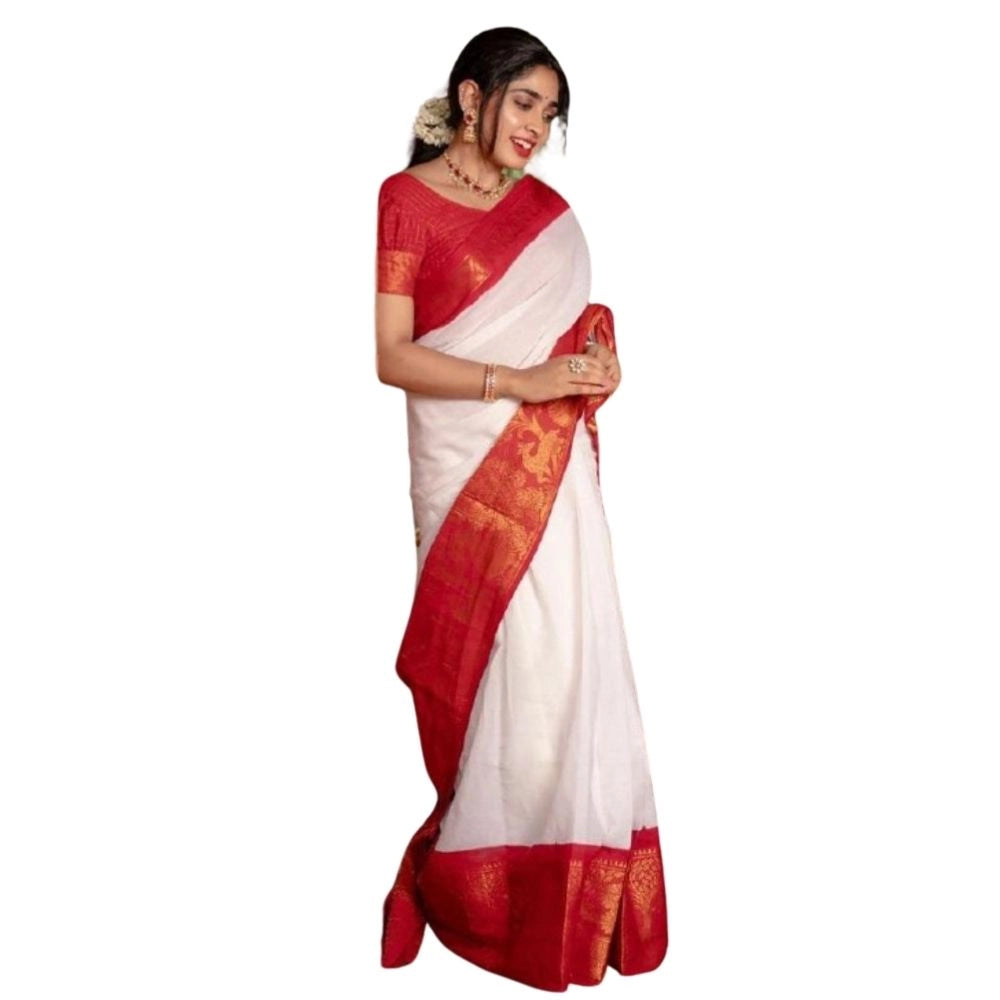 Generic Women's Silk Printed Saree With Unstitched Blouse 5.5Mtr (White)