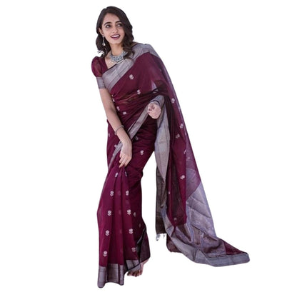 Generic Women's Cotton  Printed Saree With Unstitched Blouse 5.5Mtr (Maroon)