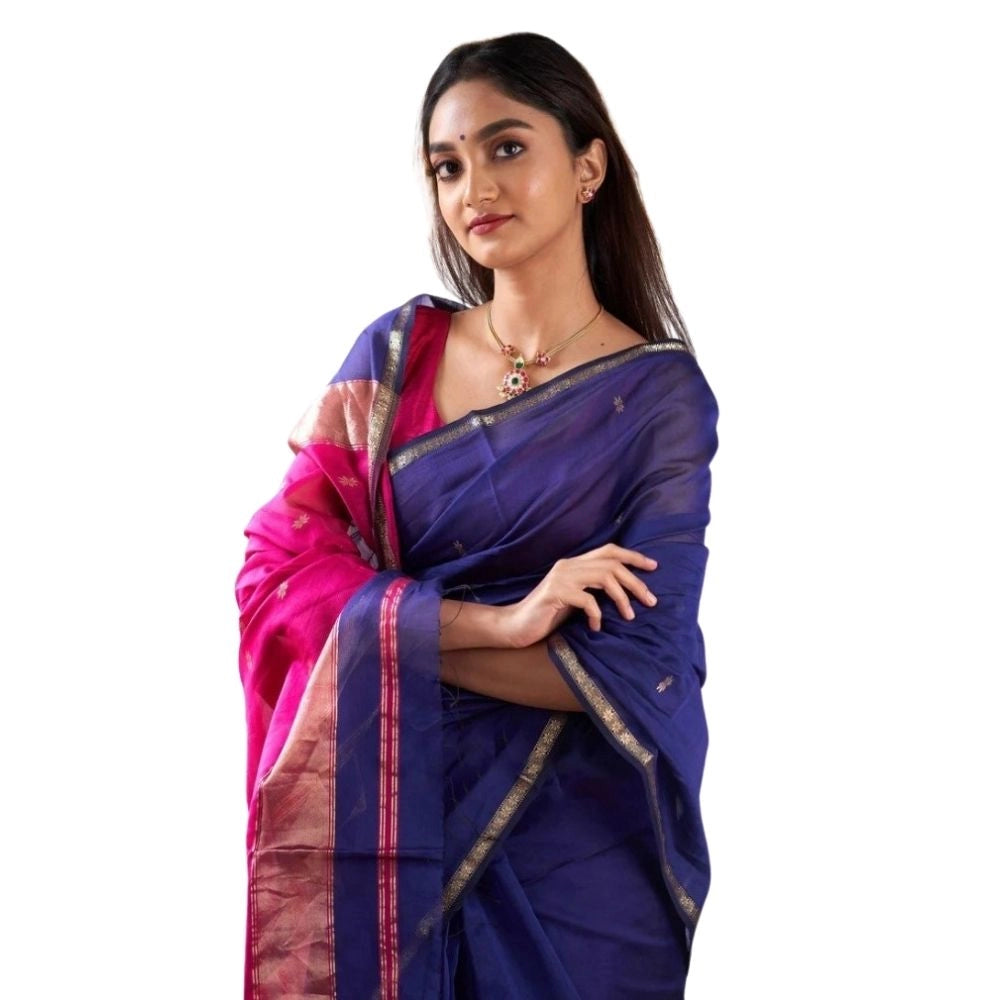 Generic Women's Cotton  Printed Saree With Unstitched Blouse 5.5Mtr (Blue)