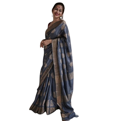 Generic Women's Silk Printed Saree With Unstitched Blouse 5.5Mtr (Grey)