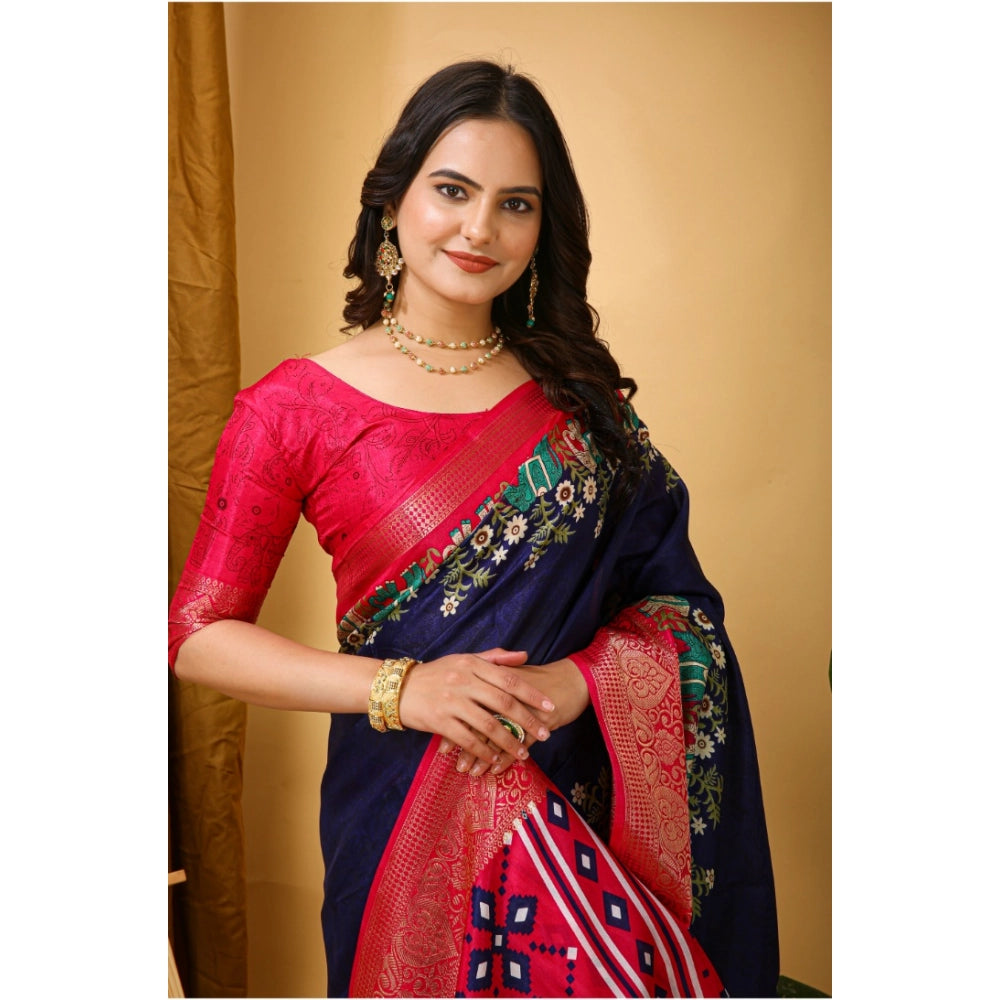 Generic Women's Soft Dola Cotton Kalamkari Printed Saree With Unstitched Blouse 5.5Mtr (Navy Blue)