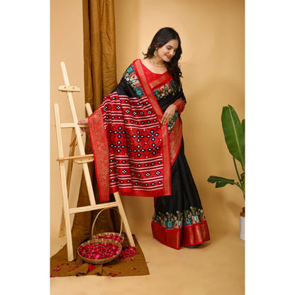 Generic Women's Soft Dola Cotton Kalamkari Printed Saree With Unstitched Blouse 5.5Mtr (Black)