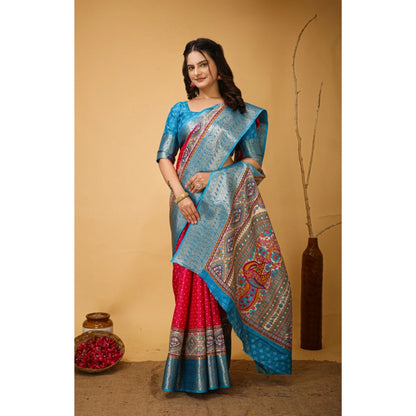 Generic Women's Soft Dola Cotton Kalamkari Printed Saree With Unstitched Blouse 5.5Mtr (Pink)