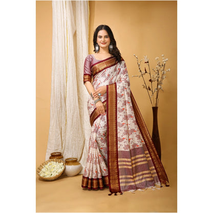 Generic Women's Soft Cotton Silk Printed Saree With Unstitched Blouse 5.5Mtr (Maroon)