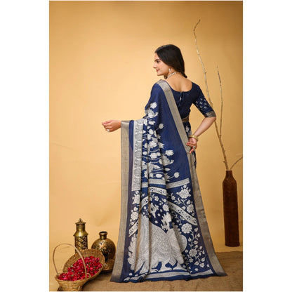 Generic Women's Soft Handloom Cotton Kalamkari Printed Saree With Unstitched Blouse 5.5Mtr (Blue)