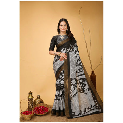 Generic Women's Soft Handloom Cotton Kalamkari Printed Saree With Unstitched Blouse 5.5Mtr (Black)