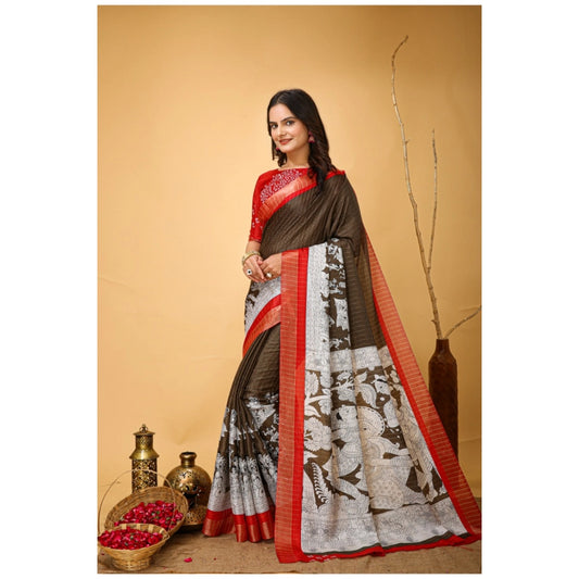 Generic Women's Soft Handloom Cotton Kalamkari Printed Saree With Unstitched Blouse 5.5Mtr (Brown)